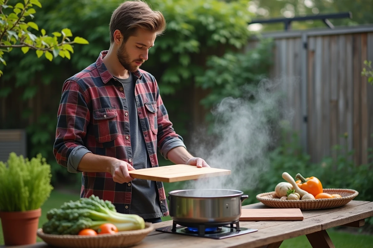 Jeune homme vapeur un bois dans un jardin rustique