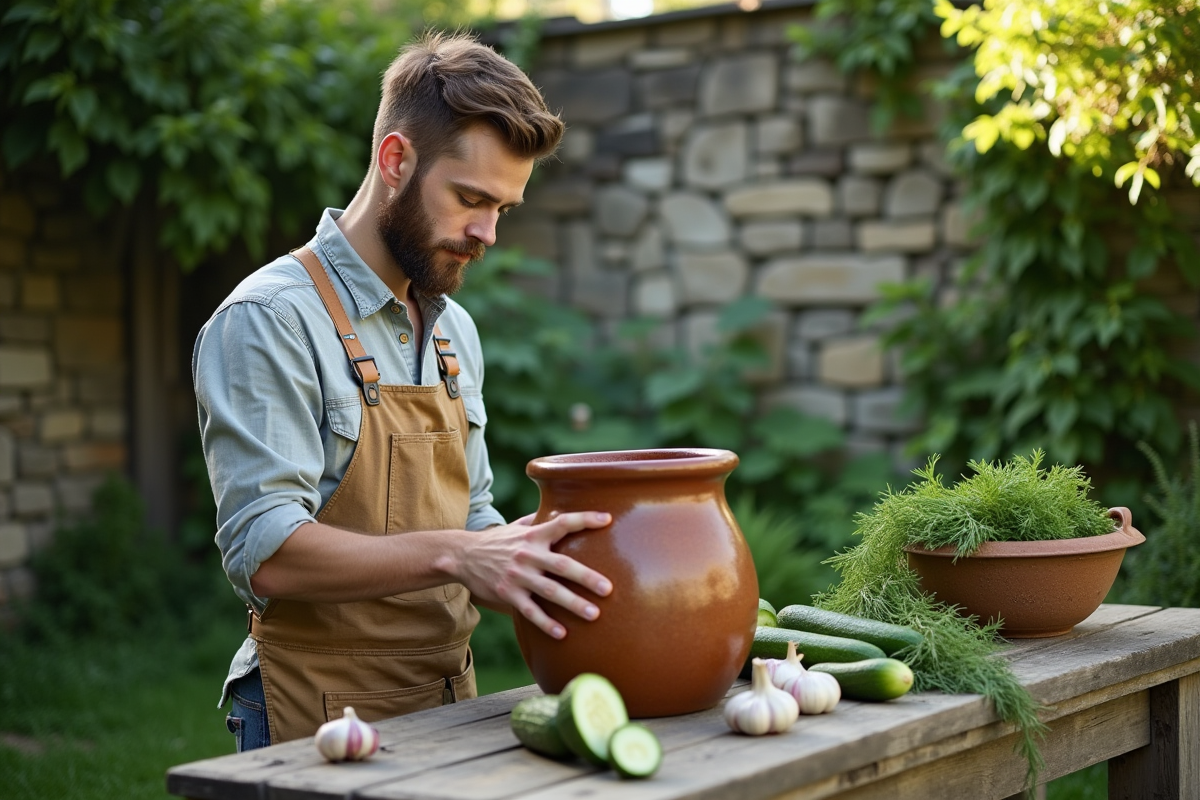 Jeune homme arrange des légumes dans un potager