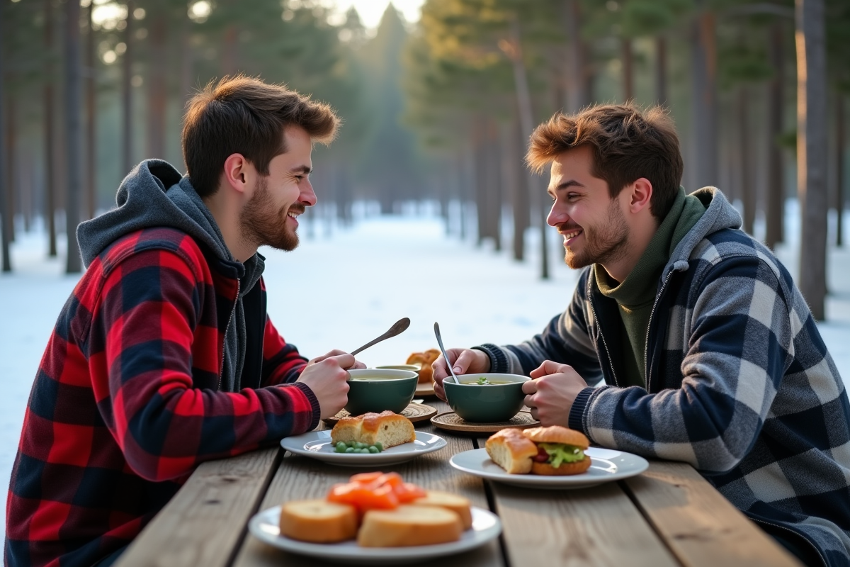 Jeunes hommes dégustant soupe et pain en plein air en hiver