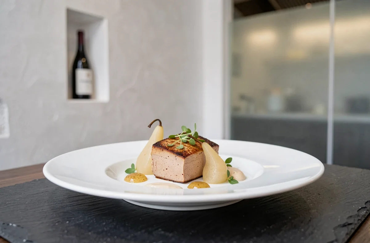 Assiette d'auteur de Julien Binz à Ammerschwihr, foie gras alsacien poêlé avec poire au Riesling sur plat blanc dans un cadre épuré