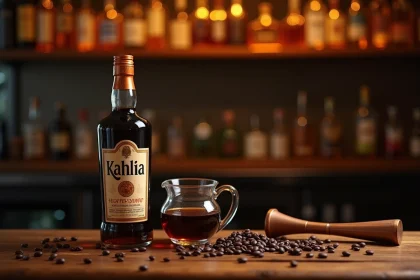 Bouteille de Kahlúa et sirop de café artisanal sur un comptoir de bar en bois rustique avec grains de café et jigger en cuivre