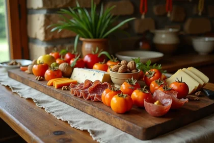 Plateau rustique de kaki, fromages, charcuterie et légumes d'automne sur table en bois pour illustrer les accords salés avec le kaki
