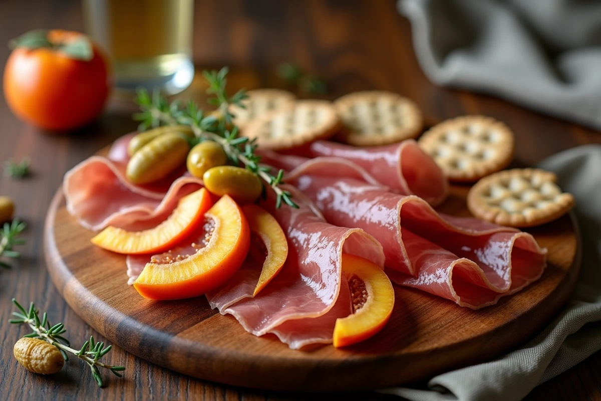 Plateau de charcuterie avec prosciutto, bresaola et tranches de kaki pour illustrer l'accord sucré-salé kaki et charcuterie