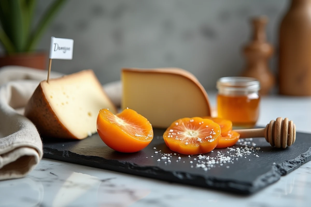 Tranches de kaki mûr disposées avec du comté, du brie et du miel sur une ardoise pour illustrer les accords kaki et fromage