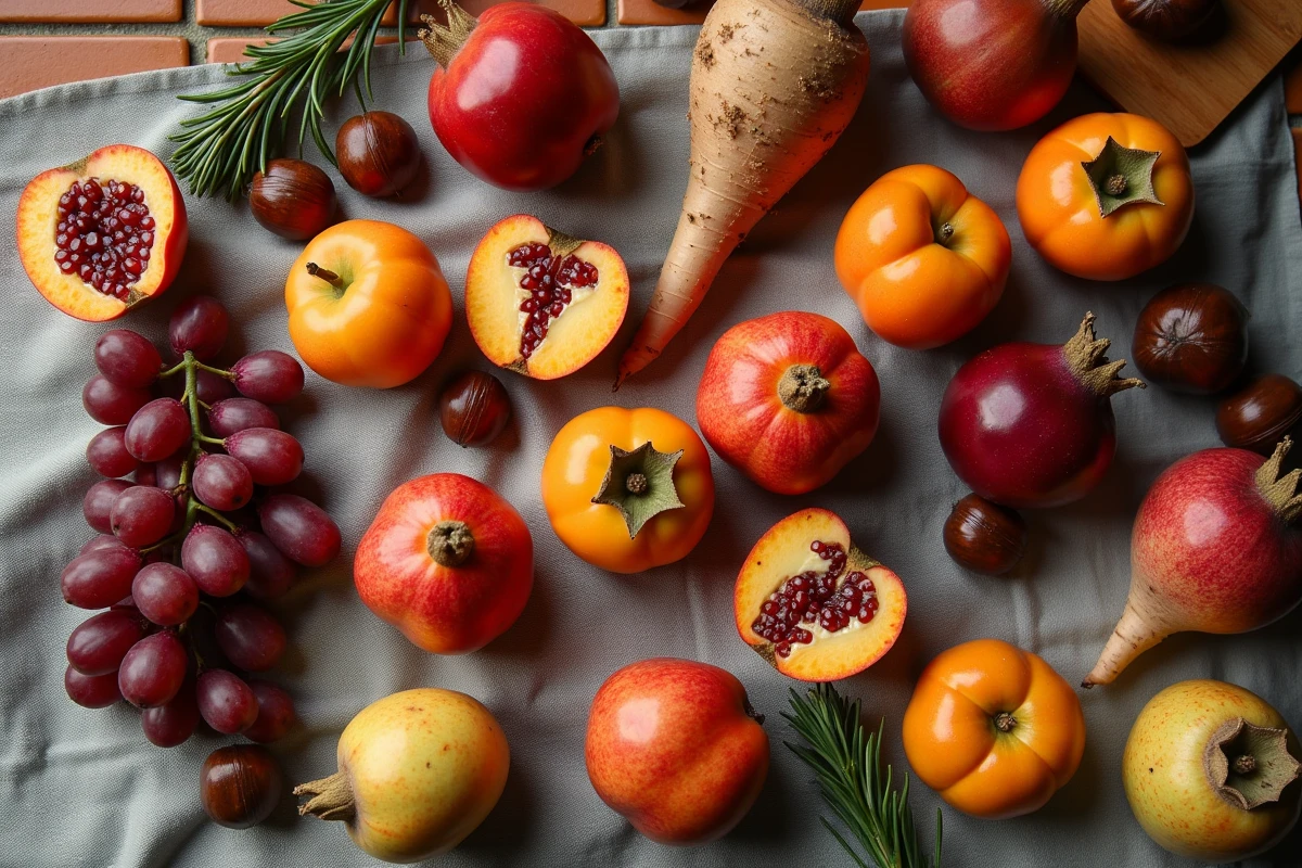 Composition automnale avec kakis, coings, grenades, châtaignes et légumes racines pour illustrer les associations de saison avec le kaki