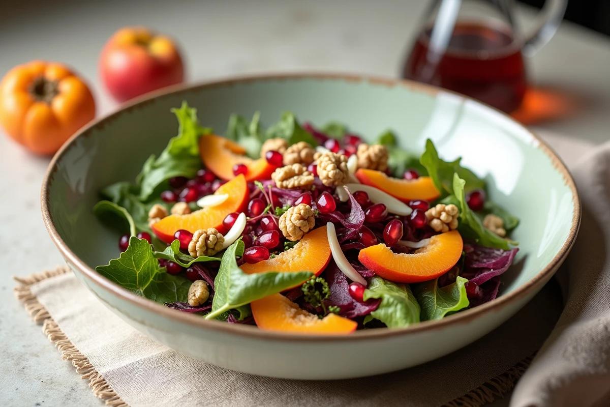 Salade composée avec tranches de kaki, radicchio, fenouil et noix dans un bol céramique pour illustrer le kaki en version salée