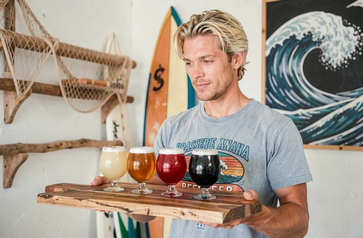 Serveur de Kanaha Beer présentant un plateau de dégustation de bières dans un décor surf et océan