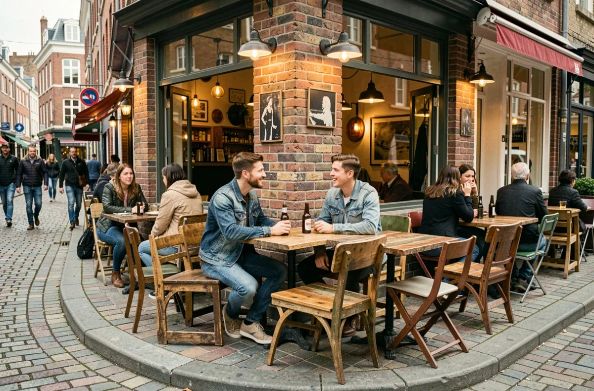 Terrasse animée et décontractée du bar-restaurant La Luck à Lille, mobilier rétro en bois et pavés avec une ambiance urbaine conviviale