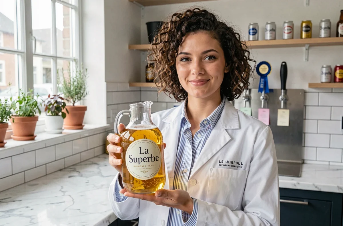 Brasseuse de La Superbe tenant un growler de bière blonde artisanale dans un espace élégant et épuré