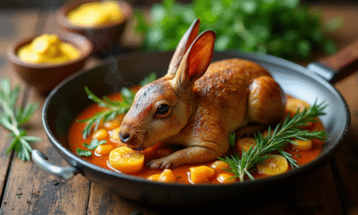 Plat de lapin à la moutarde servi sur une table en bois rustique