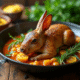 Plat de lapin à la moutarde servi sur une table en bois rustique