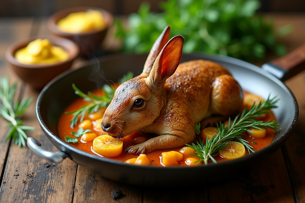 Plat de lapin à la moutarde servi sur une table en bois rustique