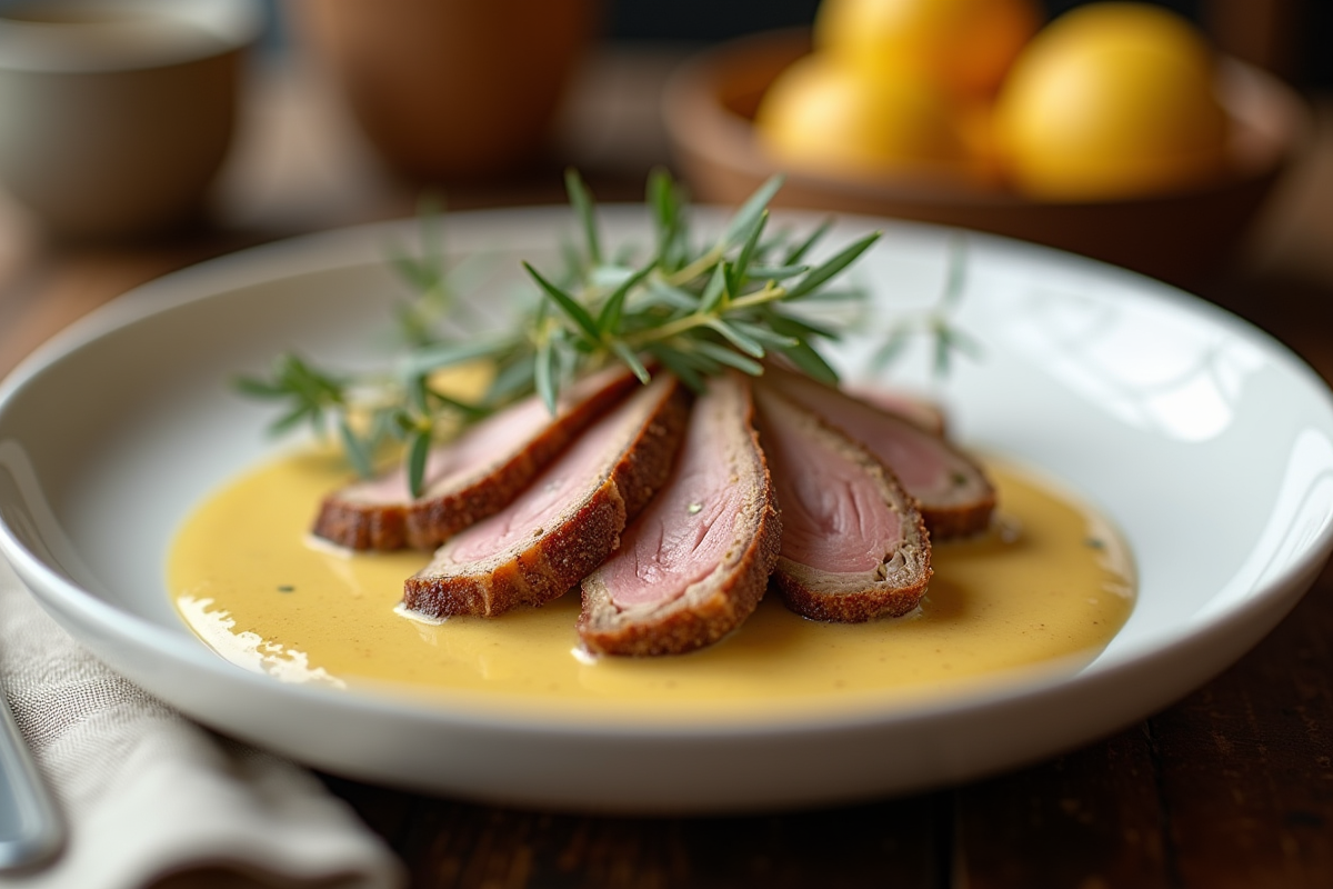 Tranches de lapin à la sauce moutarde dans une assiette élégante
