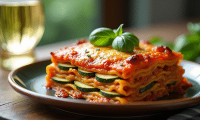 Lasagne de courgettes dorée tranchée sur assiette rustique