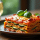 Lasagne de courgettes dorée tranchée sur assiette rustique