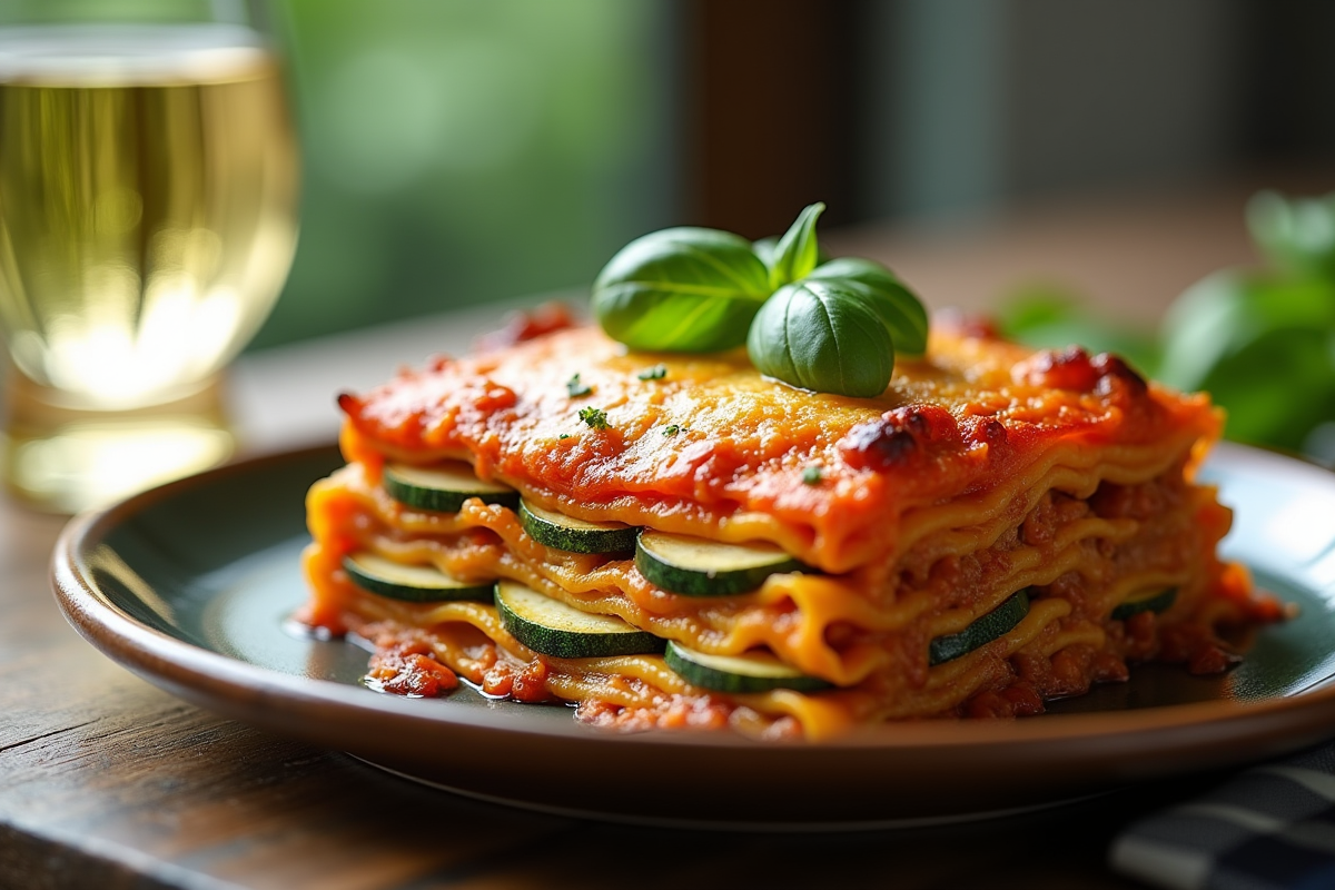 Lasagne de courgettes dorée tranchée sur assiette rustique