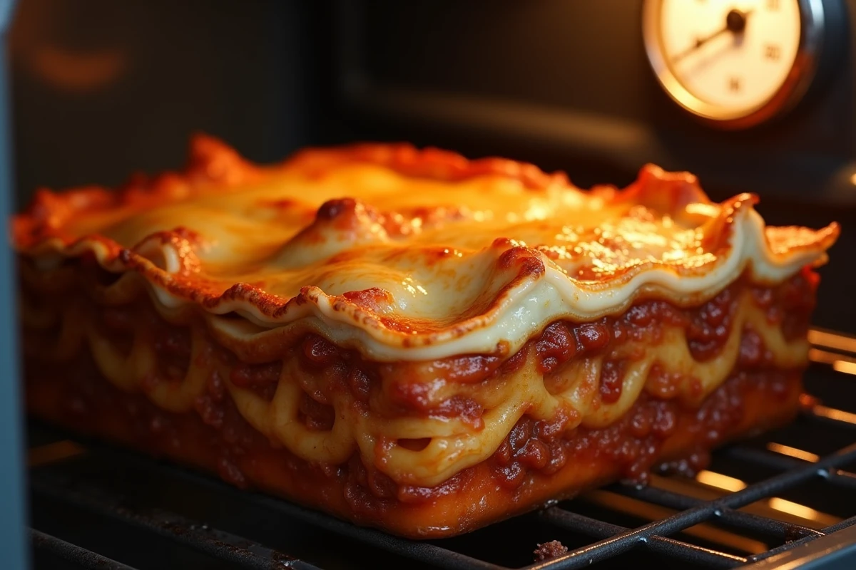 Lasagnes parfaites en train de cuire dans un four à 200 degrés thermostat réglé sur le cadran