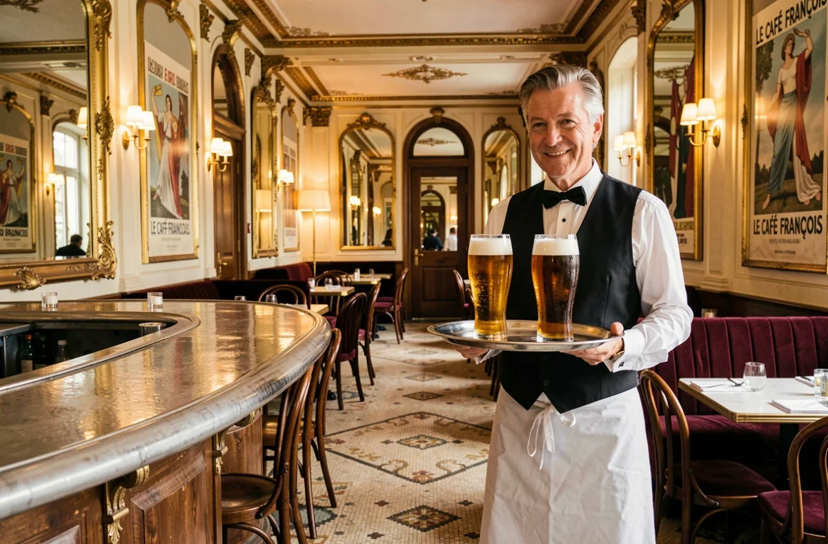 Serveur en tablier blanc portant des bières sur plateau dans le décor Belle Époque du Café Français