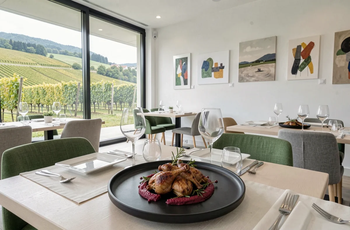 Salle moderne du Parc à Obernai avec vue sur les vignes alsaciennes et assiette gastronomique contemporaine sur céramique noire mate