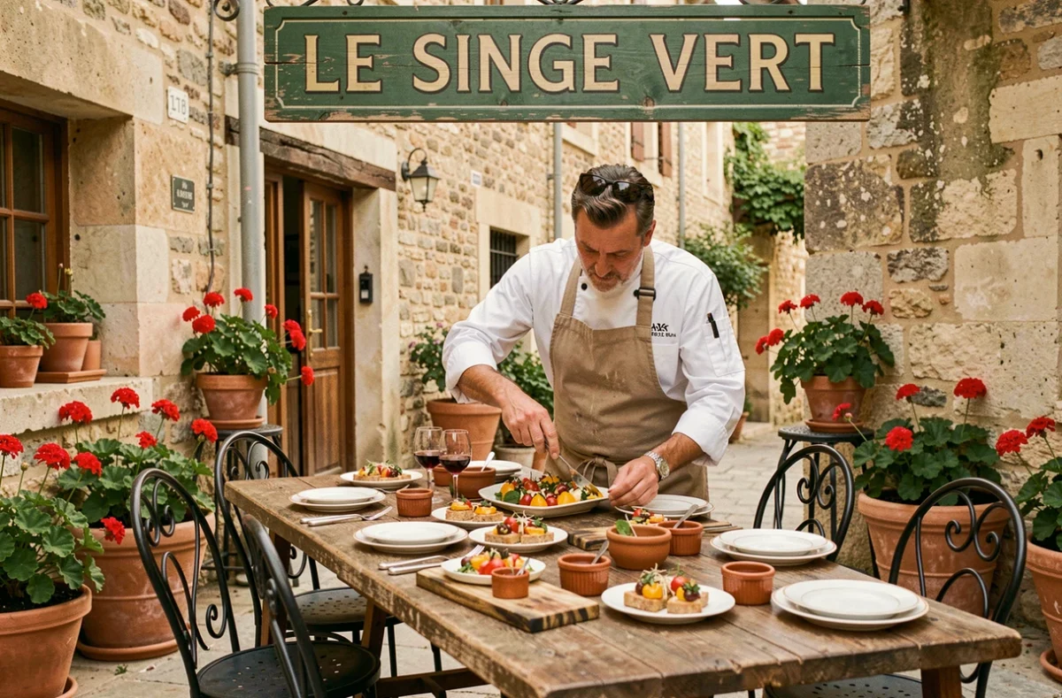 Chef traiteur du Singe Vert dressant des plats méditerranéens sur une terrasse provençale