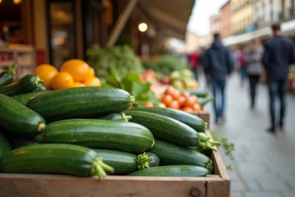 Étal de marché avec des courgettes et légumes en Z disposés dans des caisses en bois rustiques pour illustrer un quiz fruits et légumes