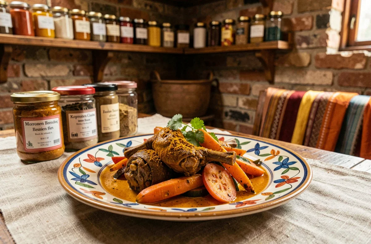 Plat épicé coloré aux Épices Curiens à Couviez dans la Meuse, avec agneau aux aromates et sauce curcuma sur céramique artisanale
