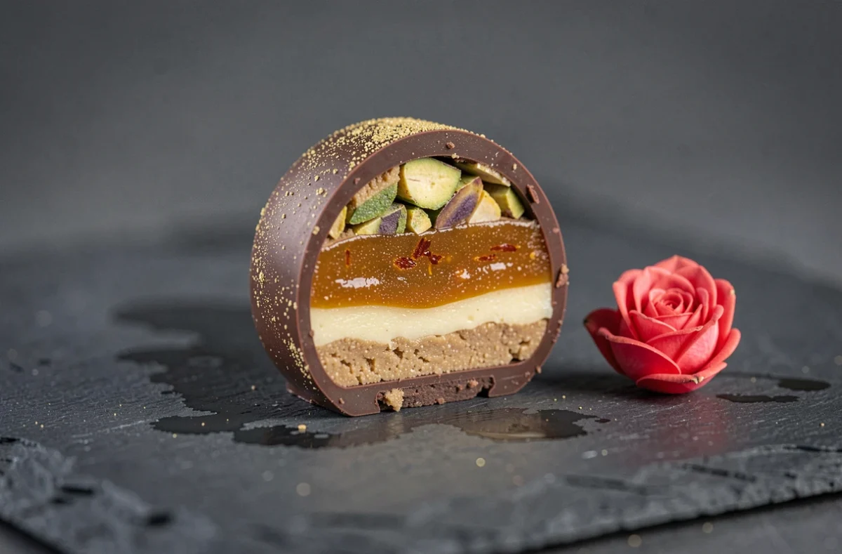 Macro d'un bonbon chocolat Dubaï coupé révélant ses couches de pistache et ganache safranée sur ardoise