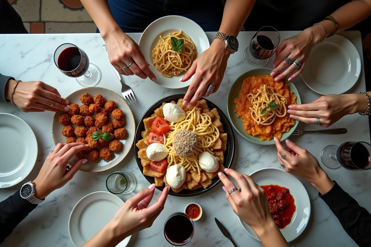 Mains partageant des plats italiens sur une table en marbre