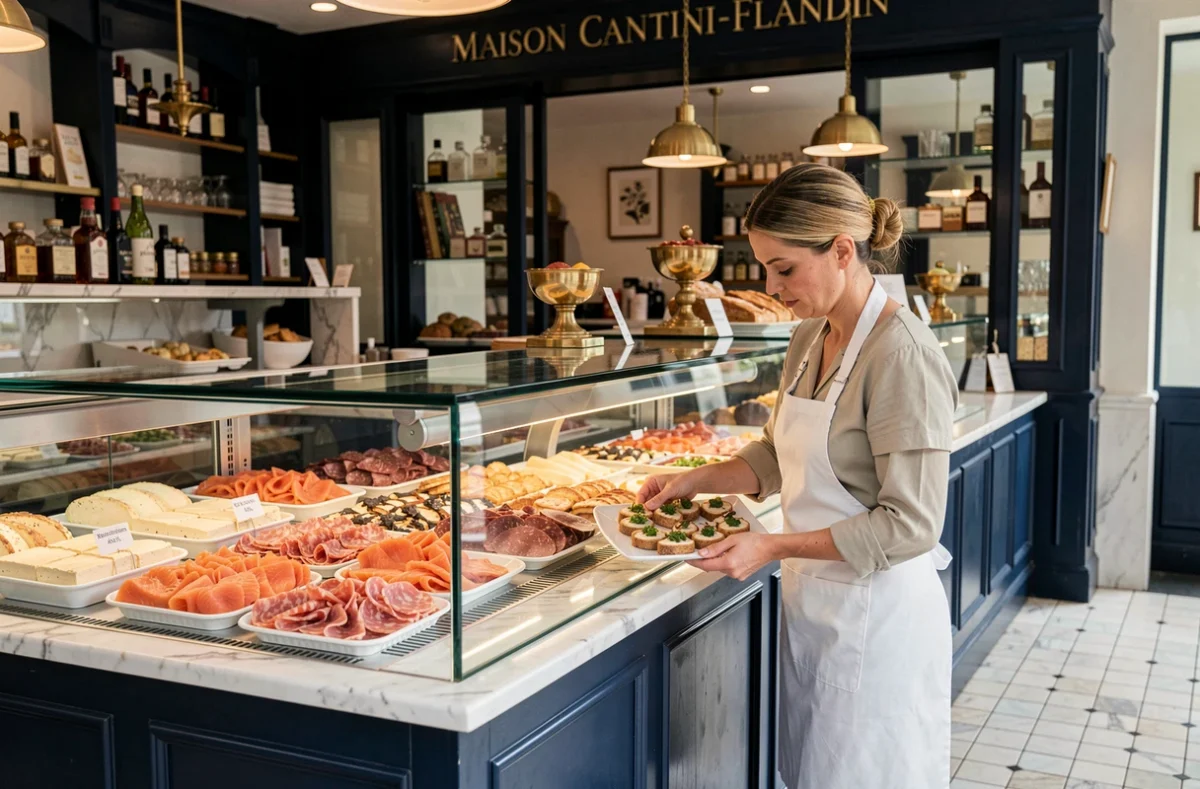 Devanture élégante de la Maison Cantini-Flandin à Marseille avec un comptoir de spécialités fines