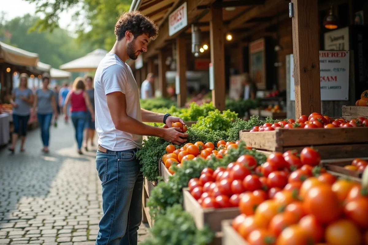 Jeune homme choisissant des tomates cerises au marché en plein air