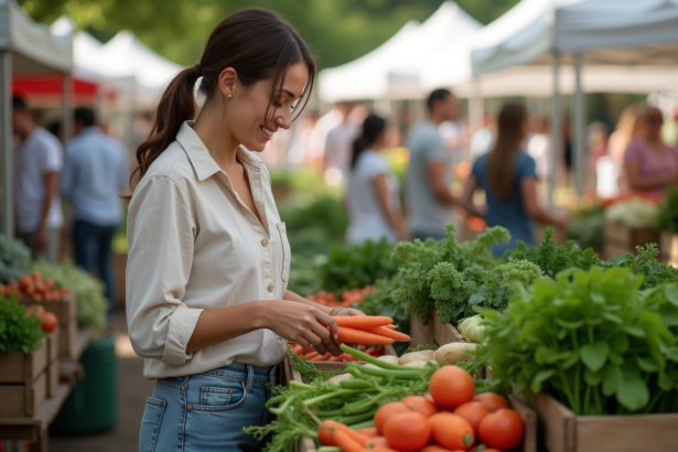 Jeune femme choisissant des légumes bio au marché