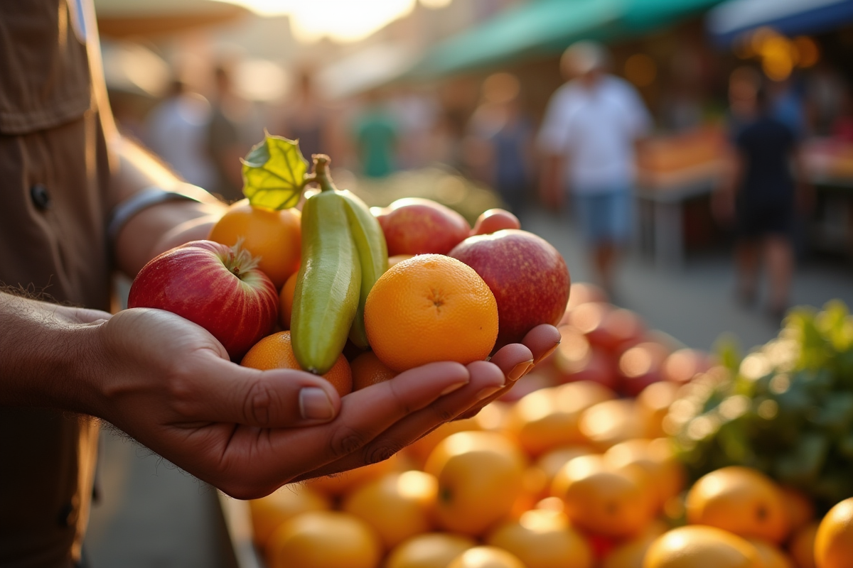 Mains d’un vendeur avec igname et imbire colorés en marché