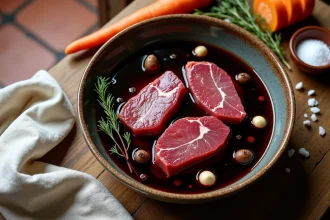 Chevreuil cru marinant dans un grand bol en céramique avec vin rouge, thym, laurier, poivre et légumes pour un civet maison