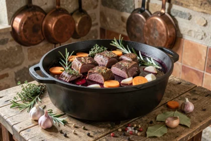 Cocotte en fonte remplie de morceaux de sanglier marinés au vin rouge avec herbes aromatiques et légumes sur une table en bois rustique