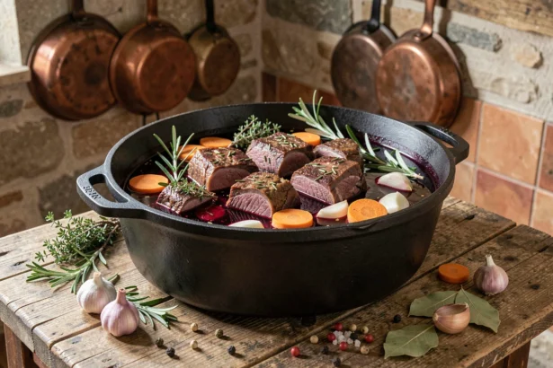 Cocotte en fonte remplie de morceaux de sanglier marinés au vin rouge avec herbes aromatiques et légumes sur une table en bois rustique