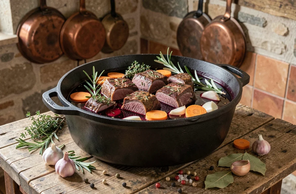 Cocotte en fonte remplie de morceaux de sanglier marinés au vin rouge avec herbes aromatiques et légumes sur une table en bois rustique