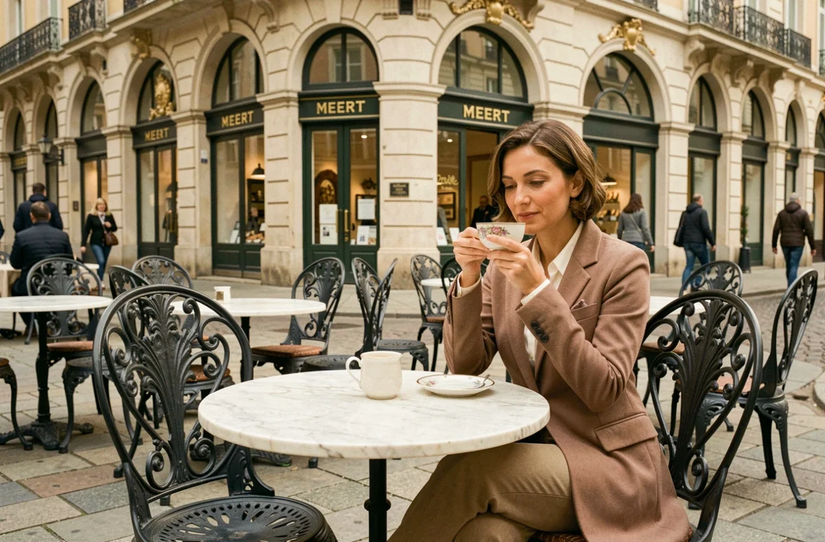 Terrasse élégante du salon de thé Meert à Lille avec ses chaises en fer forgé, tables en marbre et devanture Belle Époque dorée