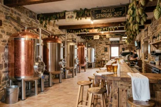 Intérieur d'une brasserie artisanale en Nouvelle-Aquitaine avec cuves de fermentation et bar en bois