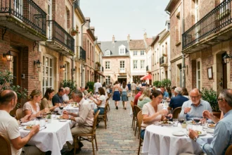 Vue d'ensemble d'une terrasse de restaurant animée dans les Hauts-de-France, tables dressées sous un ciel d'été avec façades en briques flamandes en arrière-plan