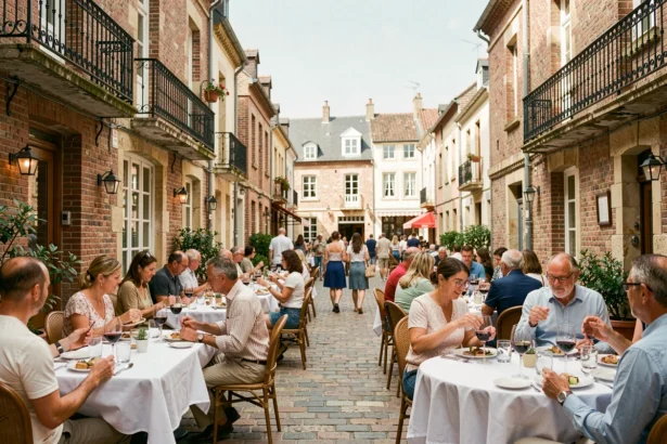 Vue d'ensemble d'une terrasse de restaurant animée dans les Hauts-de-France, tables dressées sous un ciel d'été avec façades en briques flamandes en arrière-plan