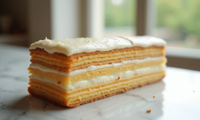 Gâteau millefeuille avec glaçage irrégulier en lumière naturelle