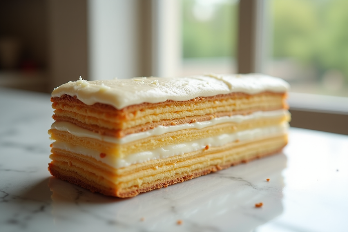 Gâteau millefeuille avec glaçage irrégulier en lumière naturelle