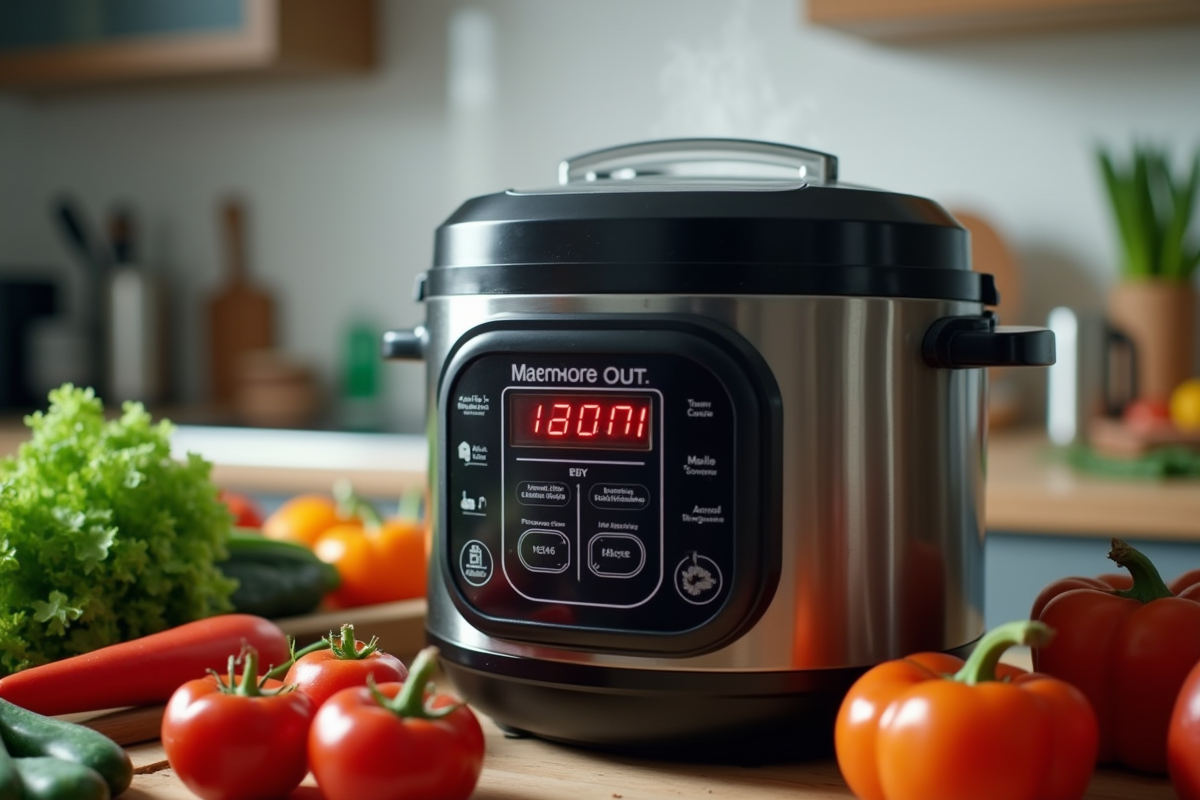 Gros plan sur multicuiseur erreur vapeur légumes frais