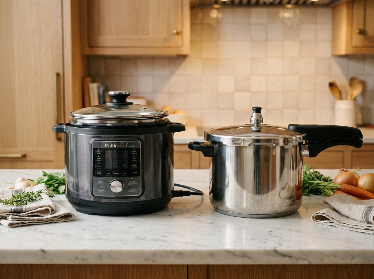 Multicuiseur électrique et cocotte-minute en inox posés côte à côte sur un plan de travail en marbre blanc dans une cuisine moderne