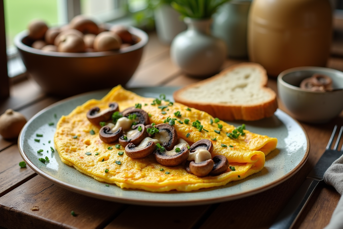 Omelette aux girolles garnie de ciboulette sur une table rustique
