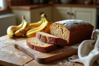 Pain aux bananes tranché à la farine complète posé sur une planche en bois rustique avec des bananes mûres et de la farine