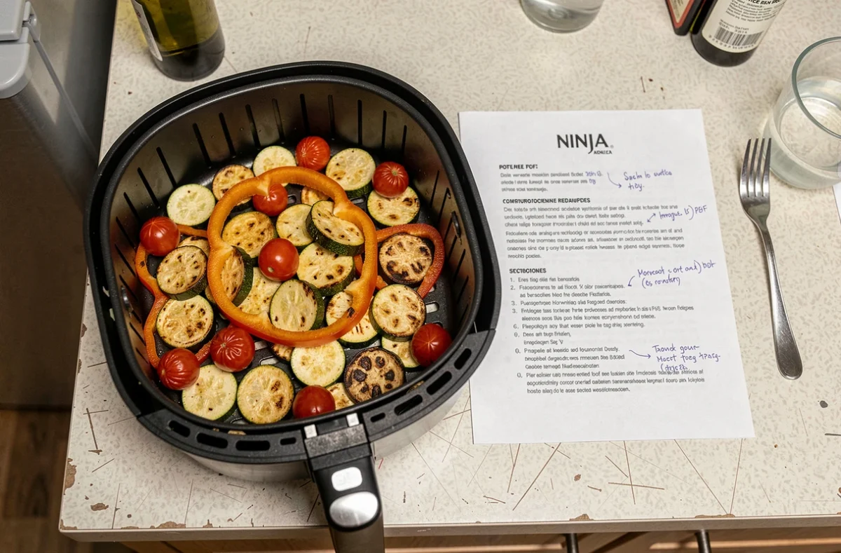 Vue aérienne d'un panier Ninja air fryer avec légumes rôtis et recette PDF imprimée sur un plan de travail étudiant