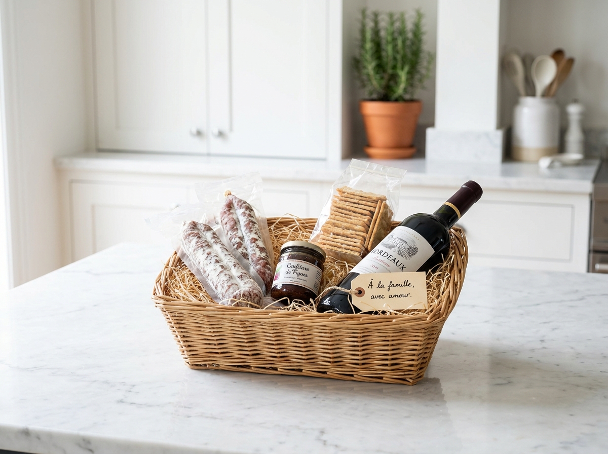 Panier gourmand élégant avec saucissons, confiture de figues et vin rouge sur un comptoir en marbre