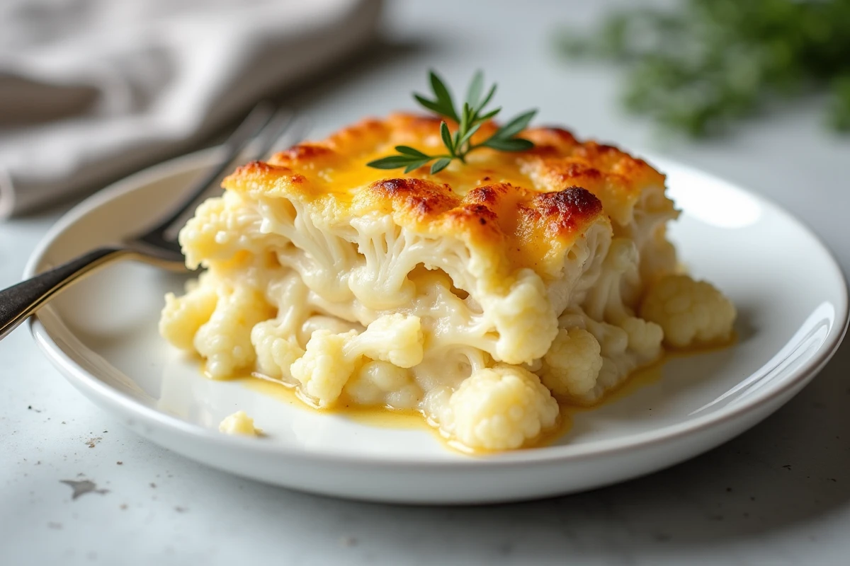 Part de gratin de chou-fleur et pomme de terre dans une assiette blanche montrant les couches crémeuses et le fromage fondu gratiné