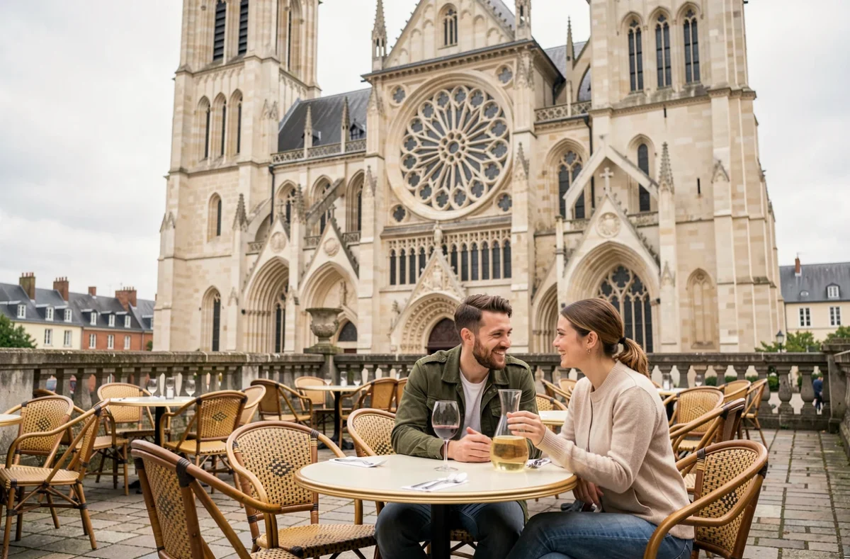 Terrasse du Parvis de la Treille à Lille avec tables en bistro face à la façade gothique de la cathédrale Notre-Dame de la Treille